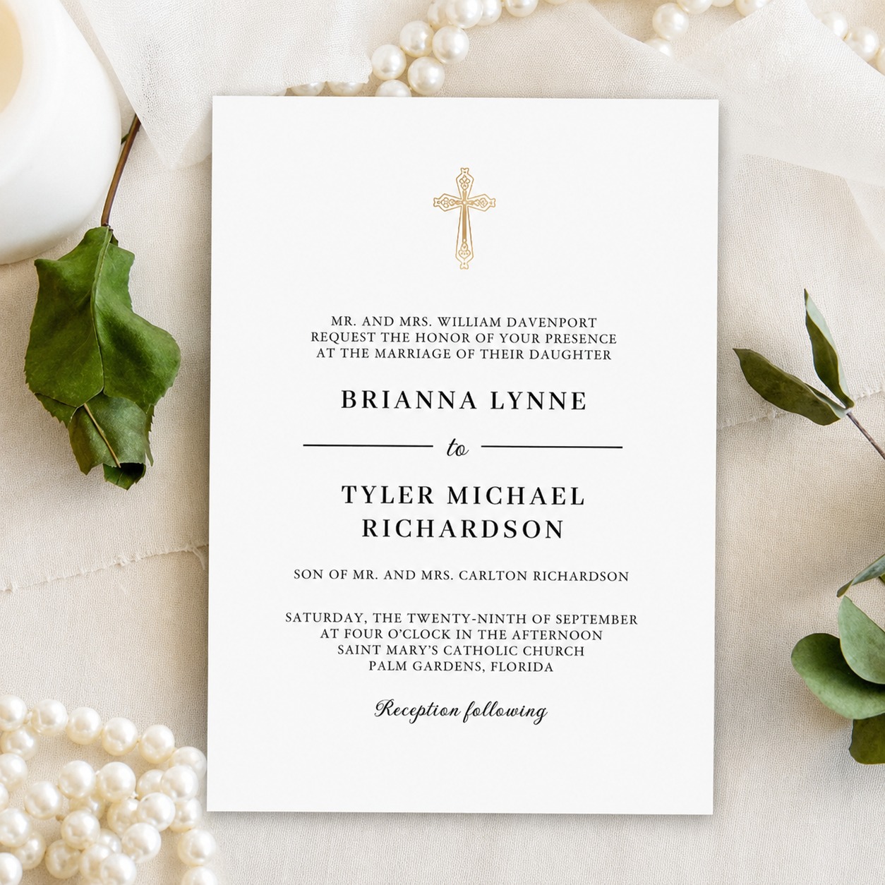 Classic Christian wedding invitation with cross and elegant typography