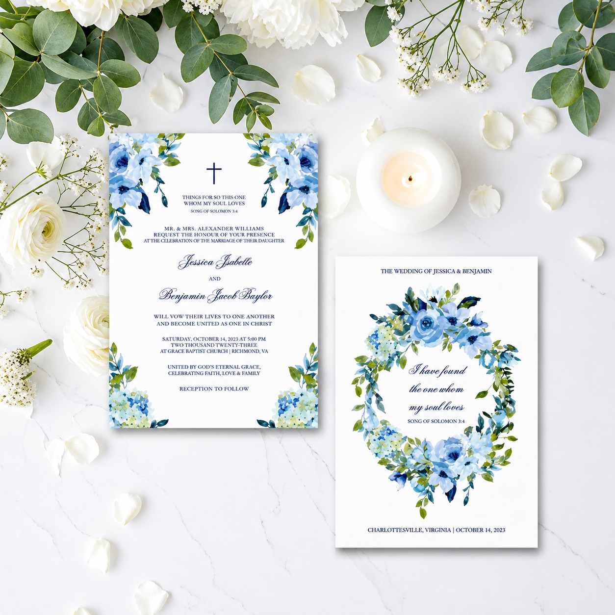 Watercolor floral Christian wedding invitation with dusty blue theme