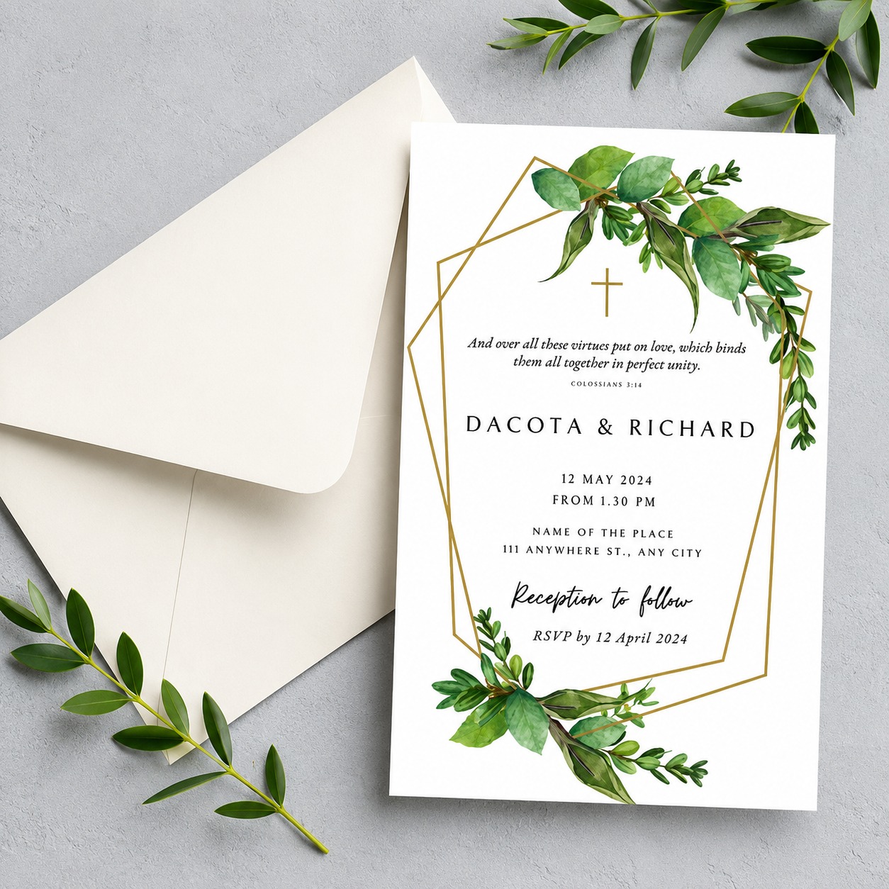 Greenery and gold Christian wedding card with geometric frame