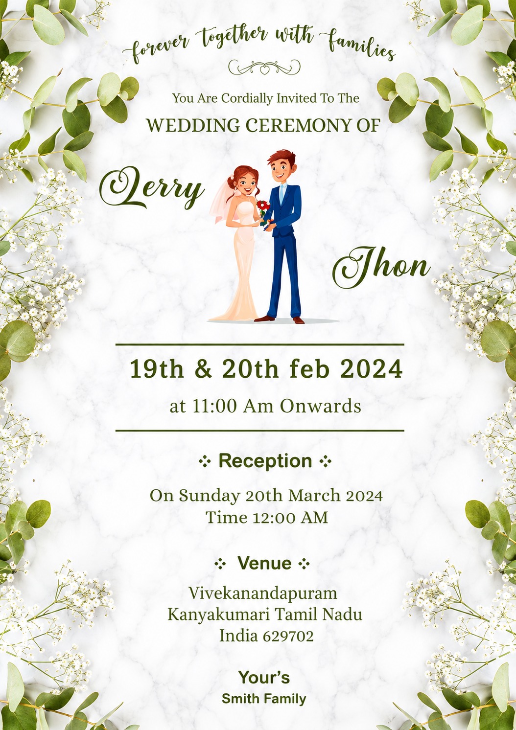 Nature-themed Christian wedding e-invite with greenery border