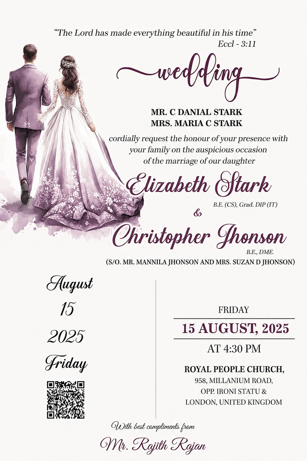 Elegant Christian wedding card with couple illustration and scripture