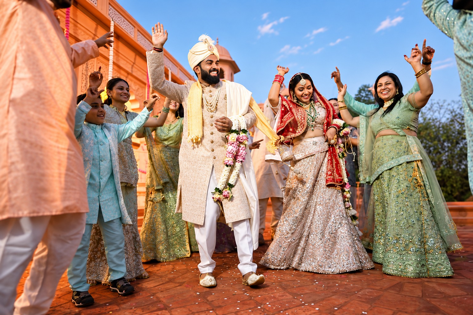 Indian wedding baraat procession friends celebration