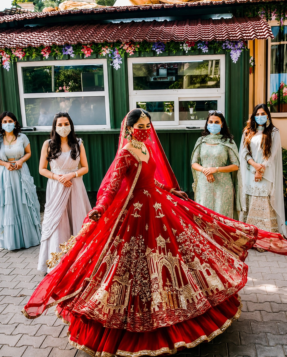 Indian bride in red lehenga with friends on wedding day