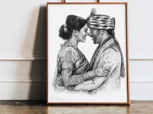 custom charcoal portrait Indian couple wedding attire