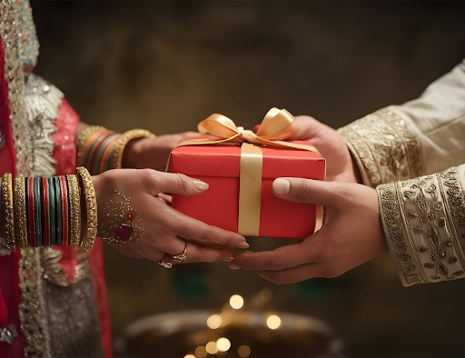 Indian bride groom exchanging red gift box wedding