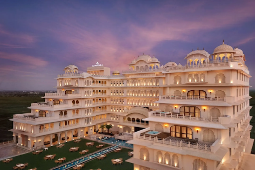 Kasturi Bagh luxury wedding destination building exterior with landscaped gardens in Jagatpura Jaipur