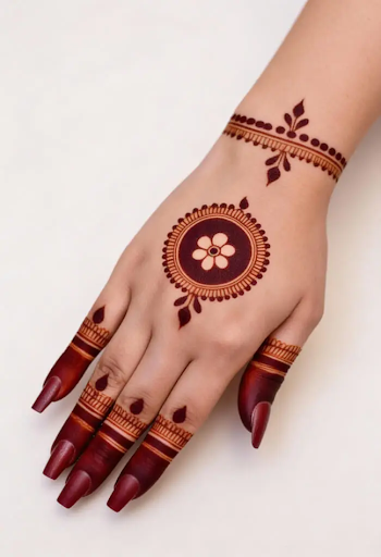 Minimal circular floral back hand mehndi with elegant wrist band