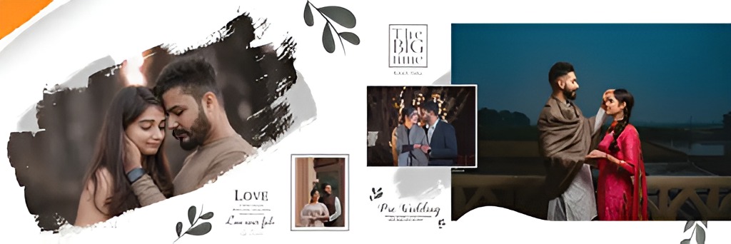 Indian pre-wedding album design 12x36 template with couple portraits and artistic layout