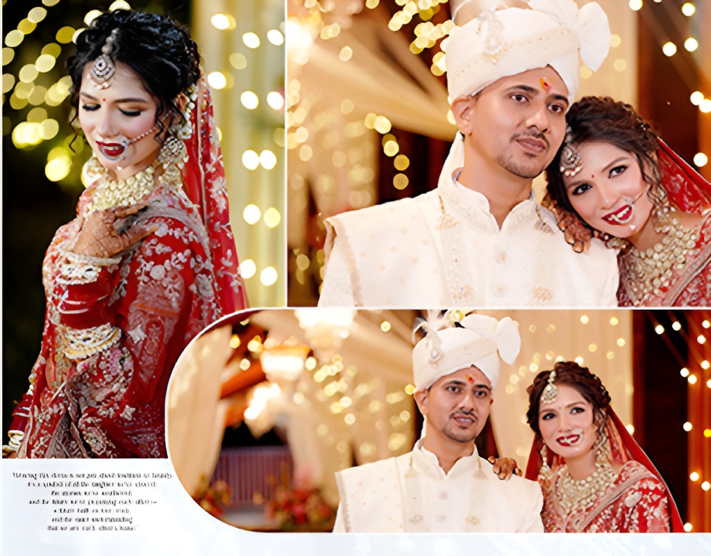 Beautiful Indian wedding album design with couple portraits and creative layouts