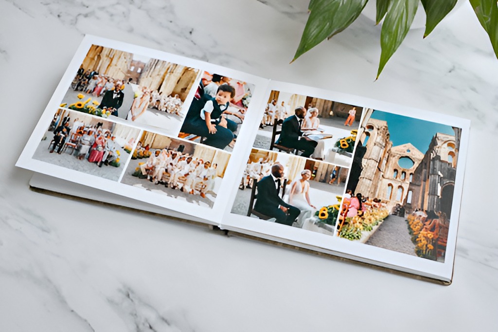 Elegant wedding album spread with multiple photos and clean layout design