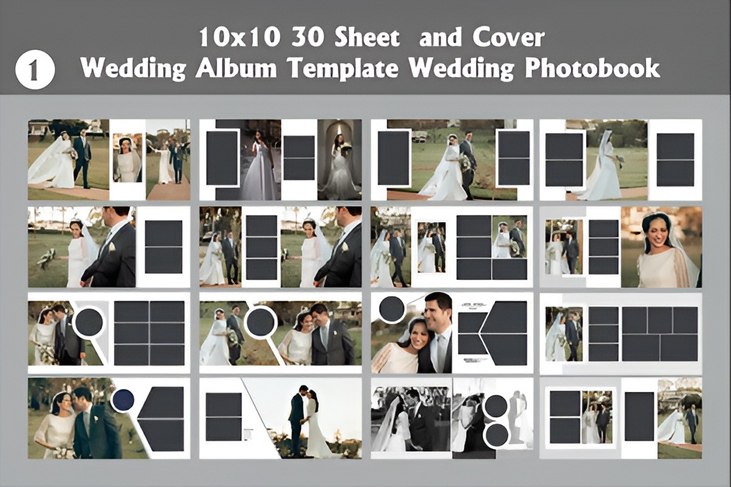 Professional wedding album template layouts showing various design options