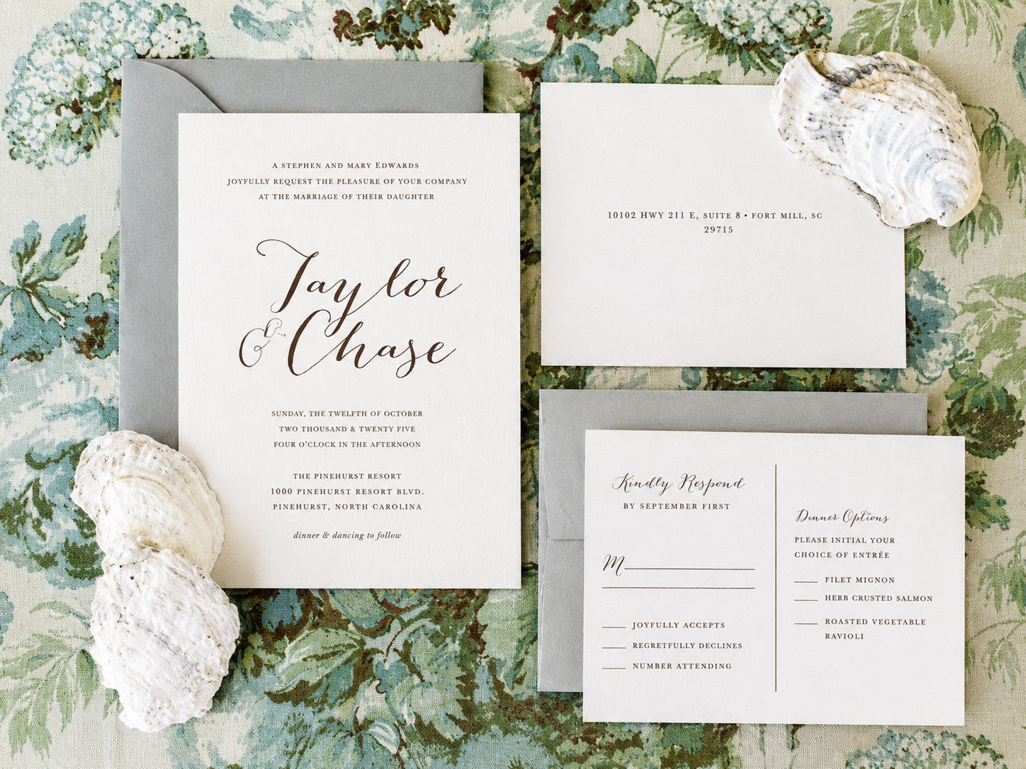 Calligraphy wedding invitation suite with romantic quote