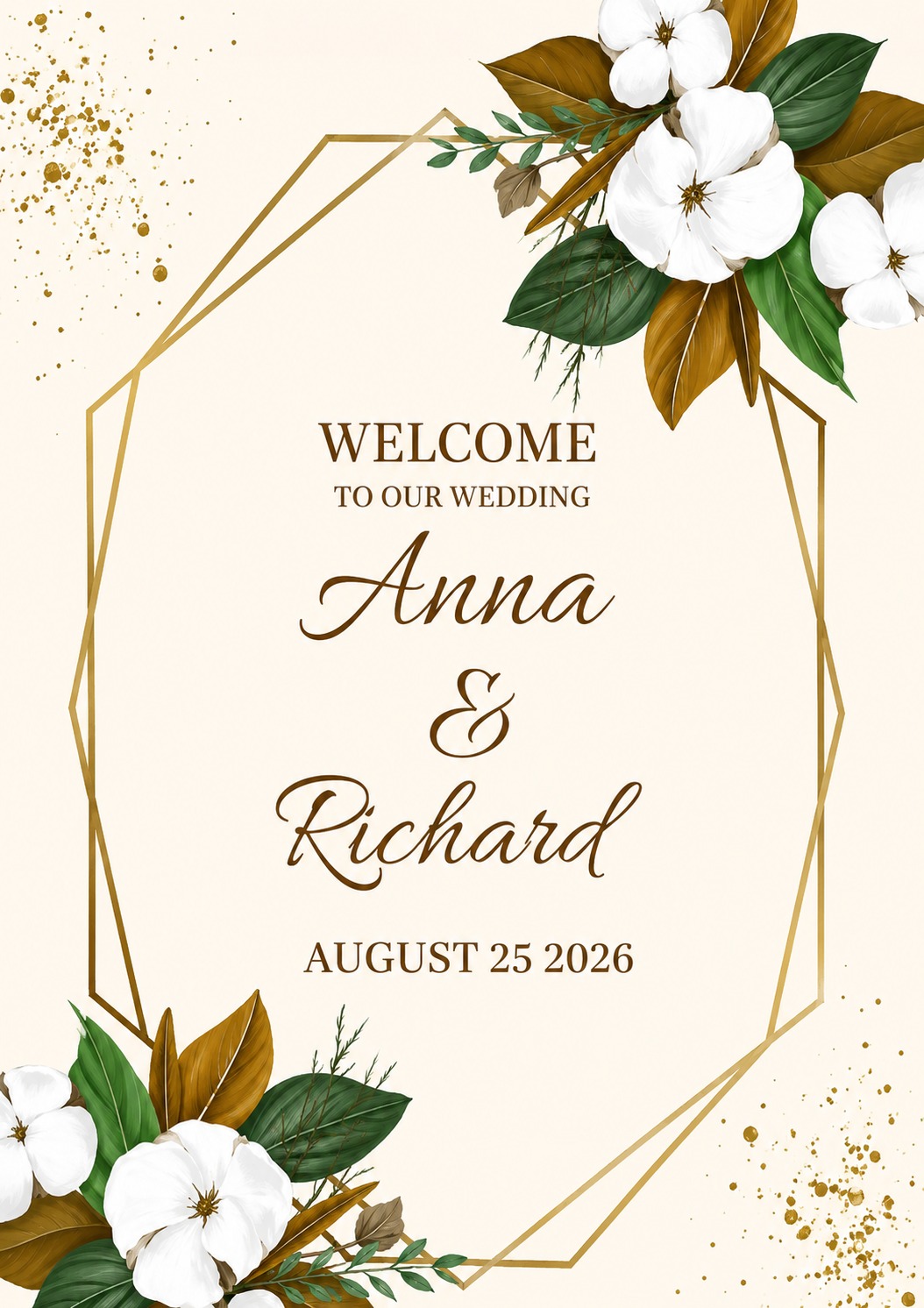 Floral wedding invitation with geometric gold frame