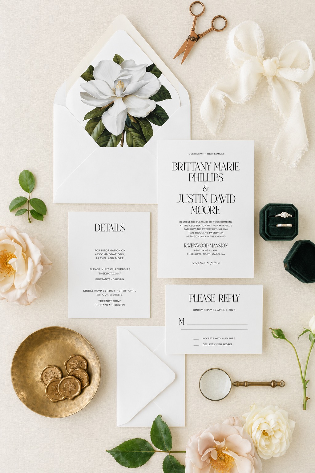 Modern luxury wedding invitation suite with floral envelope liner