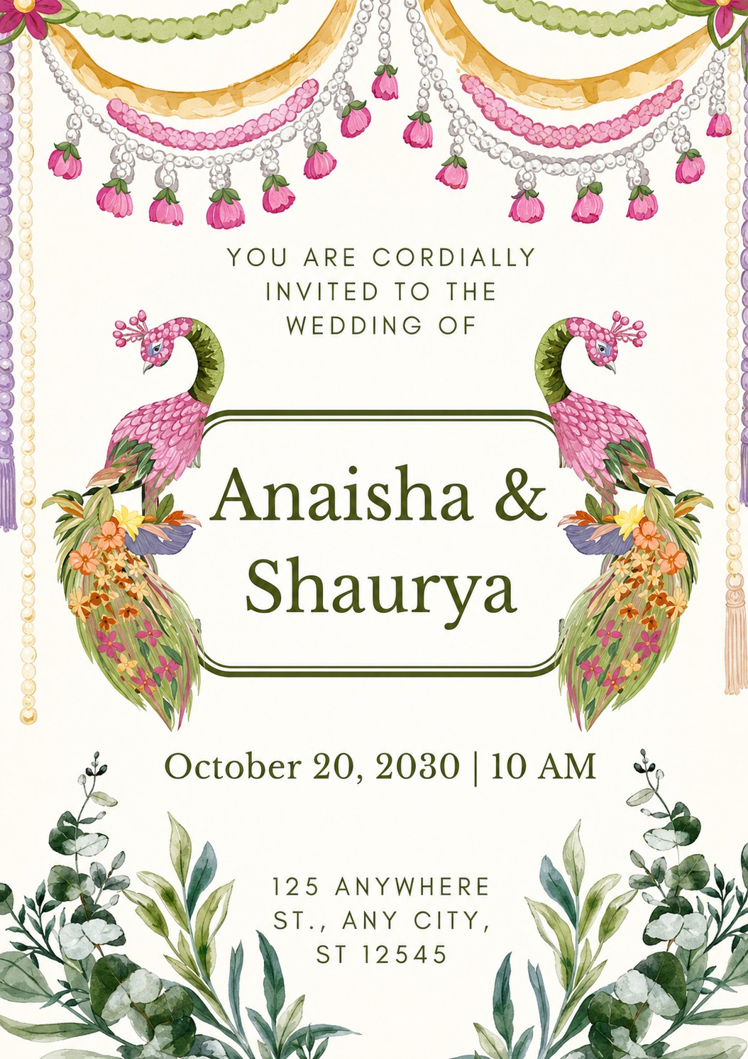 Indian wedding invitation with peacock motifs and traditional design