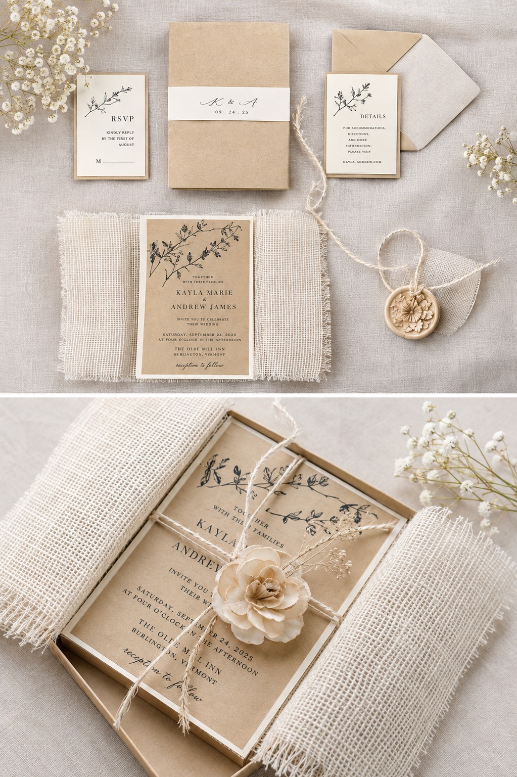 Rustic kraft paper wedding invitation suite with twine and floral details