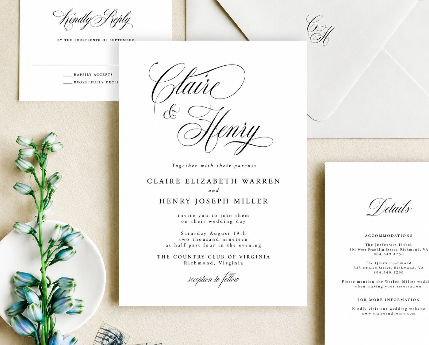 Classic calligraphy wedding invitation template with elegant typography